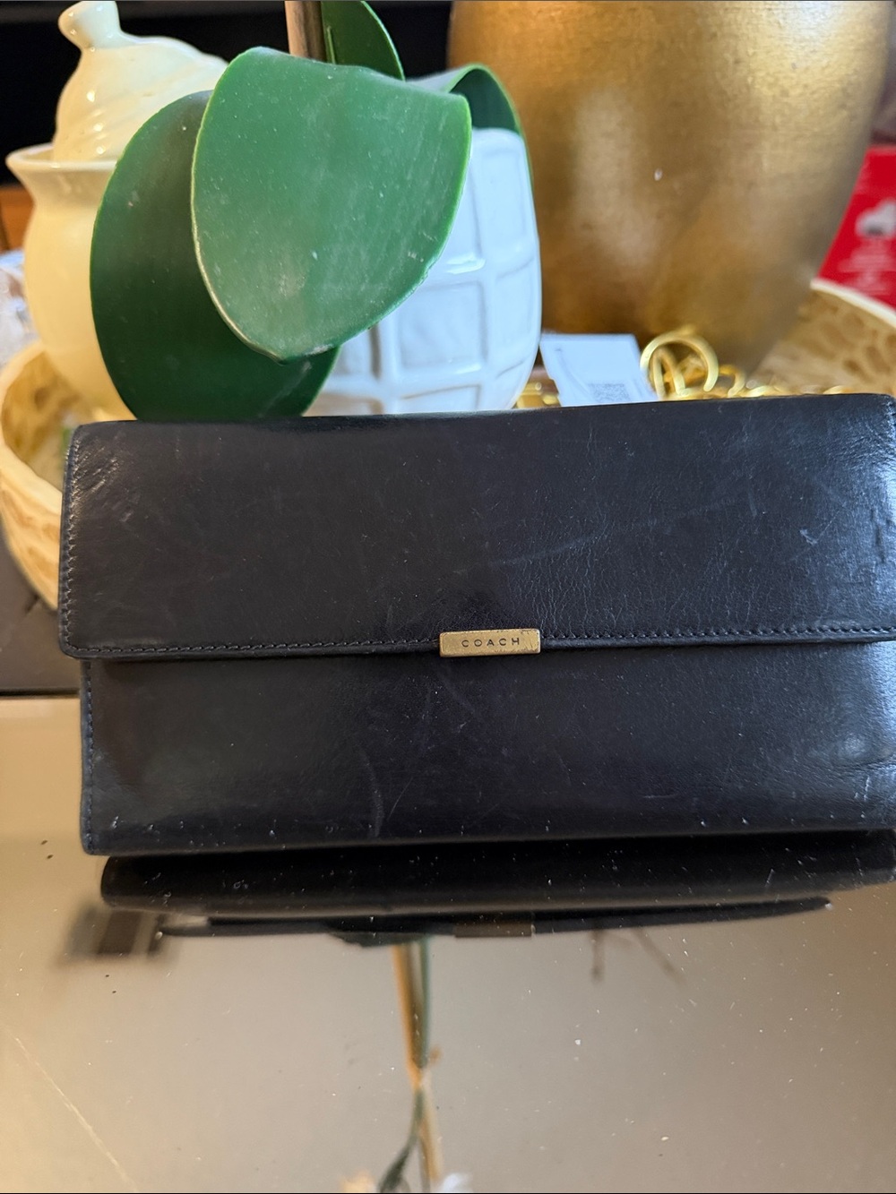 Coach Black Leather Flap Continental Wallet with Gold Plaque